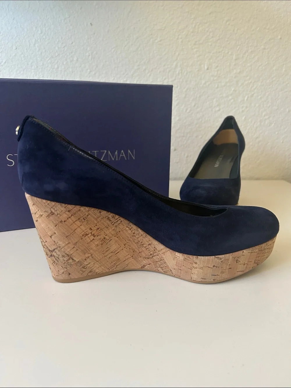 Stuart Weitzman Navy Suede Cork Wedge Pumps